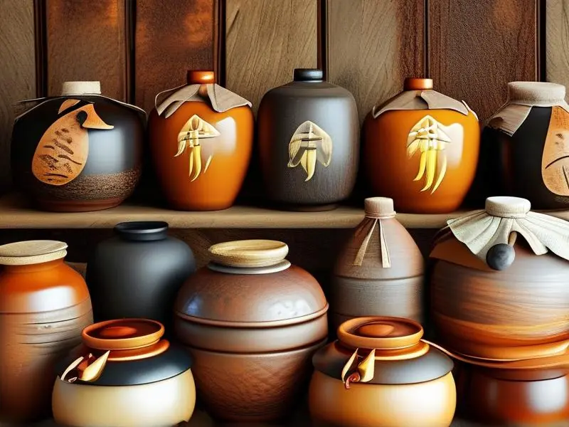 多种自酿米酒展示在传统陶瓷罐中，背景为木质桌面，展示不同米酒的颜色和质地