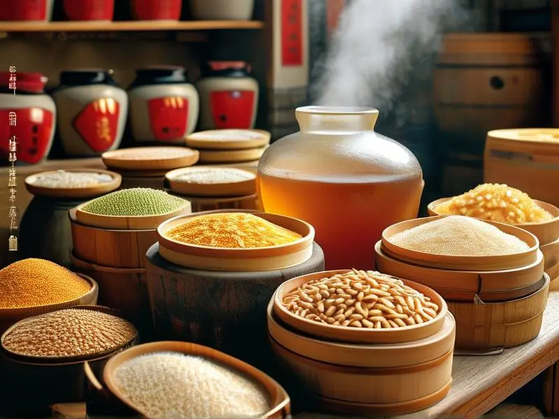 白酒酿造原料展示：高粱、大米、小麦和玉米等谷物