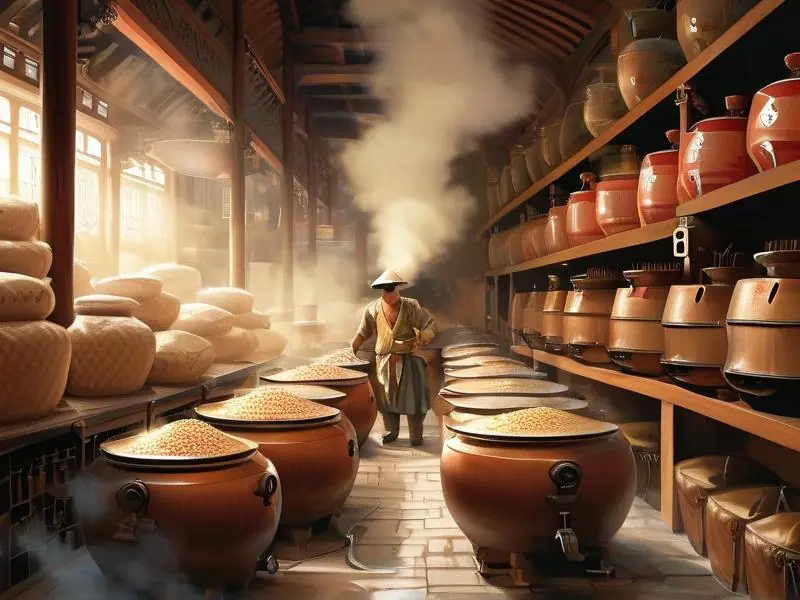 传统白酒酿造工坊内景展示发酵与蒸馏过程