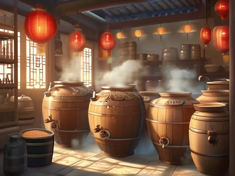 传统白酒酿造场景展示发酵缸和蒸馏设备