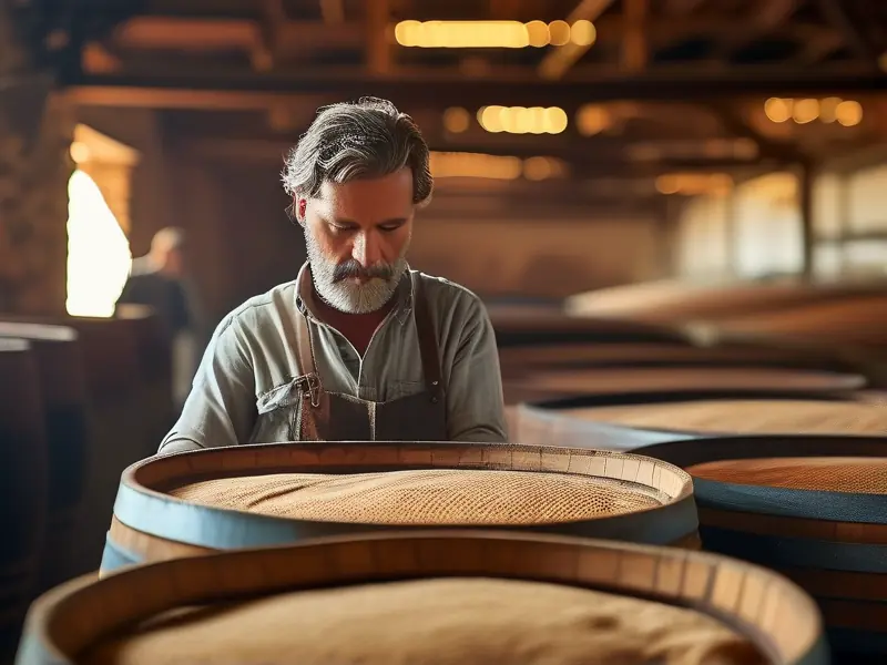 酿酒师检查酒醅的传统酿酒场景