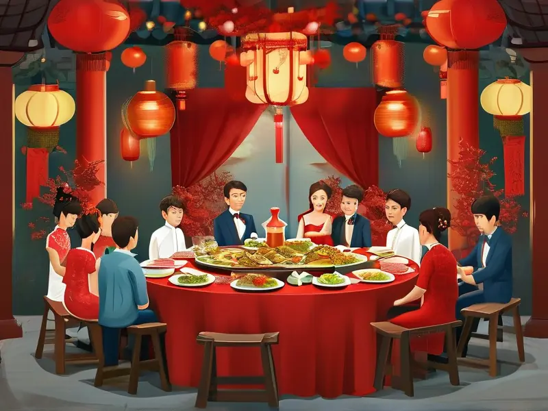 中式婚礼酒席现场布置与宾客用餐场景