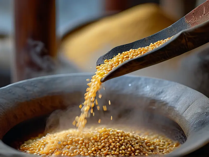 高粱酿酒原料倒入发酵缸的特写