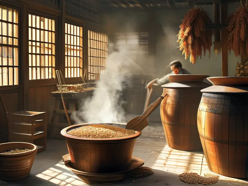 传统高梁酿酒工艺现场实景：蒸煮环节与原料处理