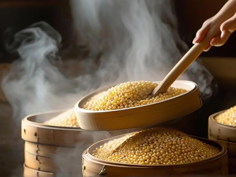酿酒师正在蒸煮高粱检查熟度