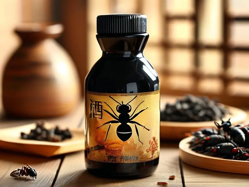 黑蚂蚁泡酒成品展示，琥珀色酒液与黑蚂蚁沉淀