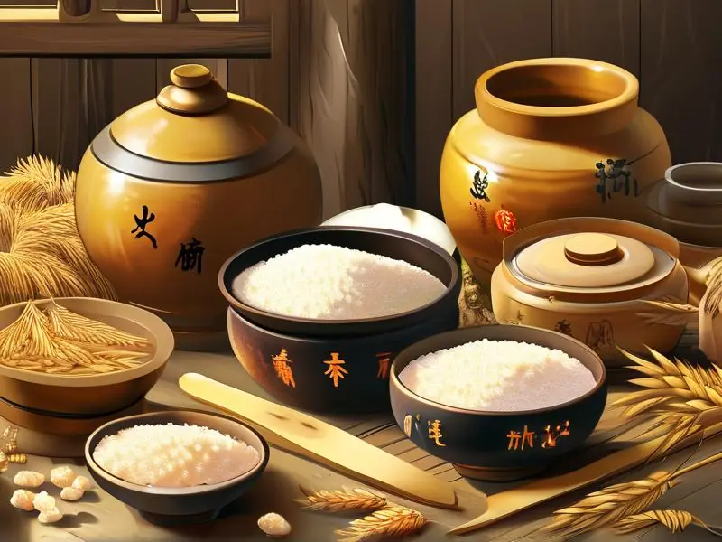 黄酒酿酒原料展示：糯米、小麦和酒曲等传统材料