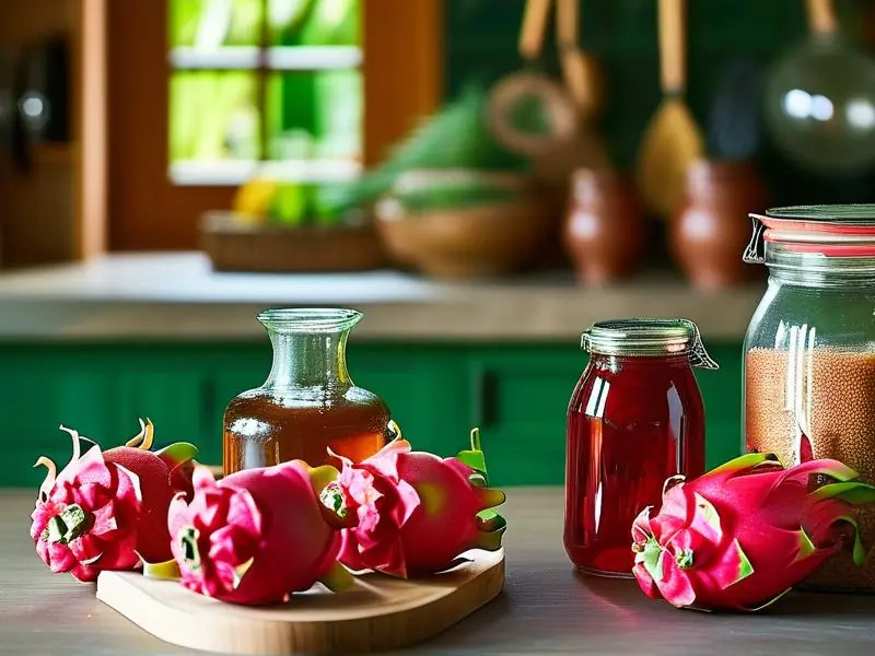 新鲜火龙果和酿酒工具准备制作火龙果粮酒