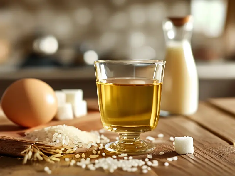 自制鸡蛋酒成品与原料展示图