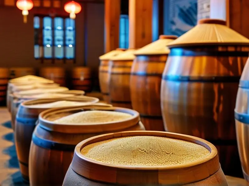 传统基酒酿造过程展示:粮食发酵罐与木桶