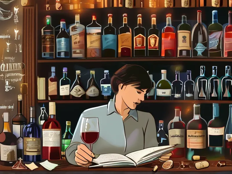 学习记酒方法的场景，展示各类酒品和笔记