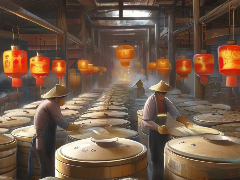 传统酱香型白酒生产车间，工人正在操作发酵缸和蒸馏设备