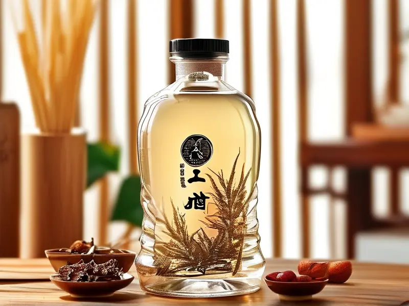 鸡血藤泡酒展示图，透明玻璃瓶中可见鸡血藤和其他草药，放置在木质桌面上