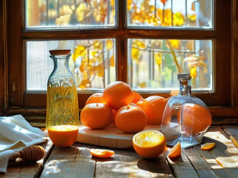 橘子酒制作材料：新鲜橘子、糖和玻璃罐