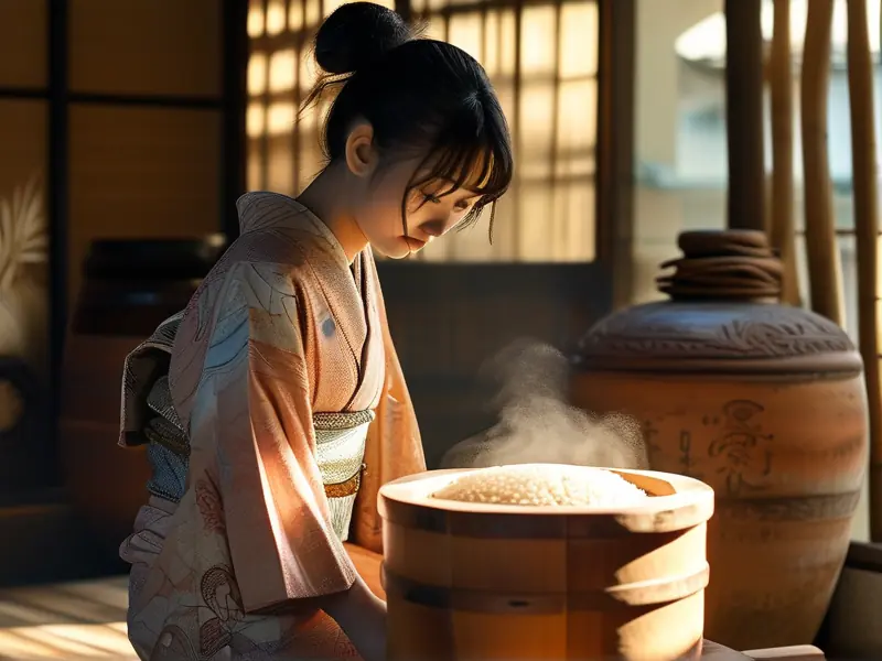 和服女性制作口嚼酒的传统场景实拍