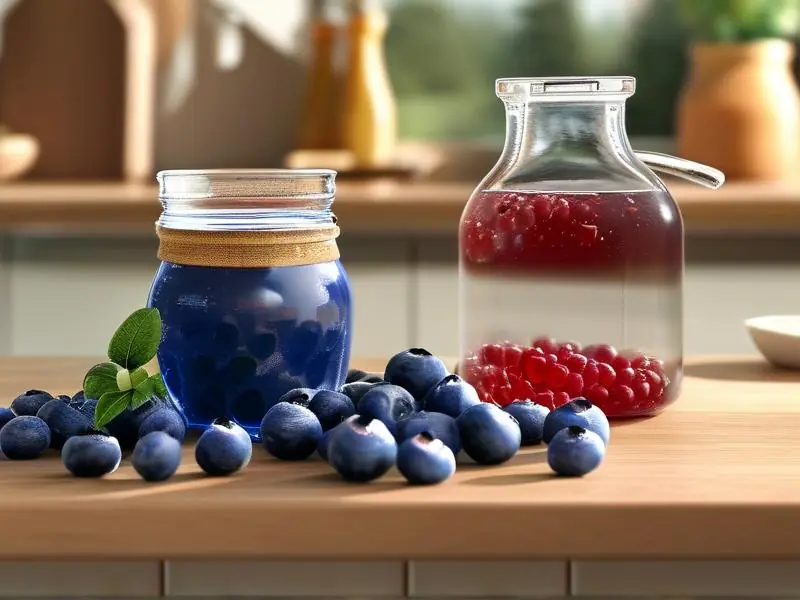 蓝莓果酒制作过程展示：新鲜蓝莓与发酵中的蓝莓酒