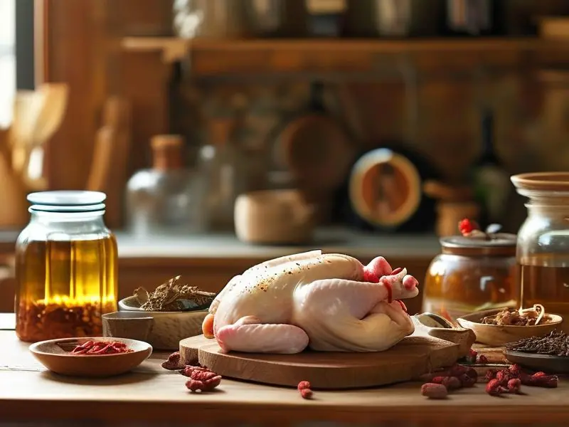 毛鸡酒制作原料与工具摆放示意图