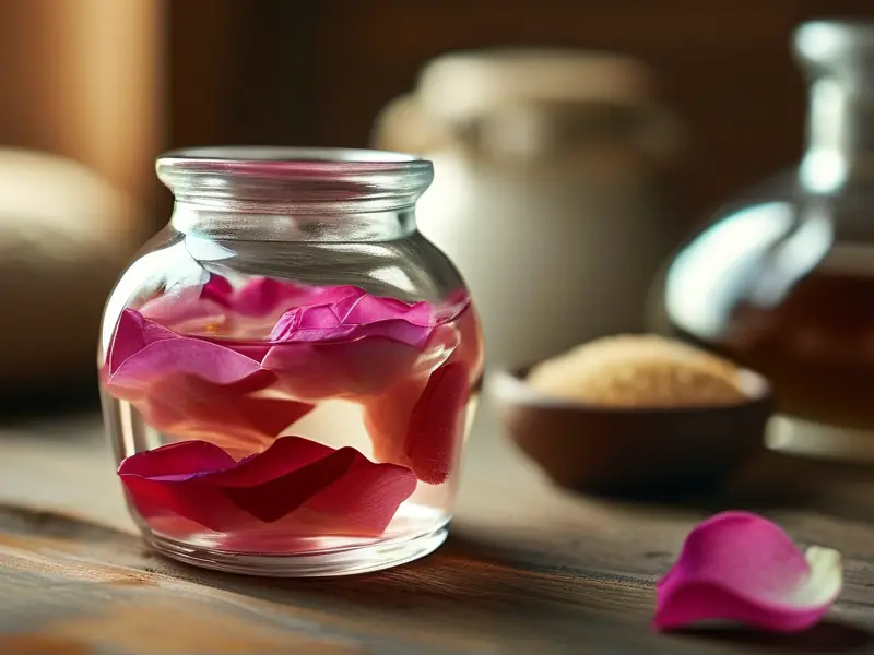 玫瑰花瓣浸泡在玻璃罐中准备酿酒