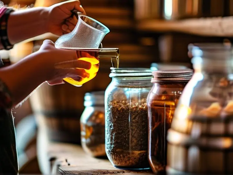 酿酒师正在将发酵液体倒入玻璃罐中