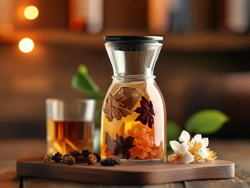 酿酒增香材料展示:桂花、陈皮等天然香料与美酒