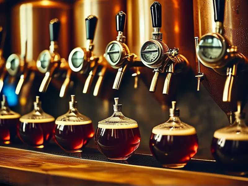 啤酒发酵过程中的麦芽汁在发酵罐中冒泡，温度计显示最佳发酵温度