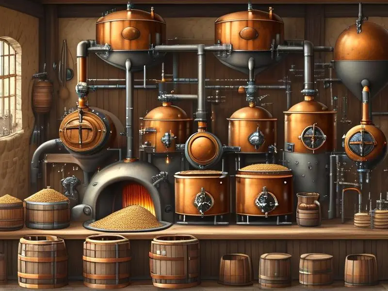 啤酒酿酒过程示意图展示麦芽糖化、煮沸、发酵和装瓶阶段