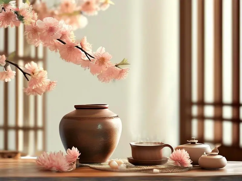 传统陶瓷罐中正在发酵的桃花酒，周围散落新鲜桃花瓣和酿酒工具