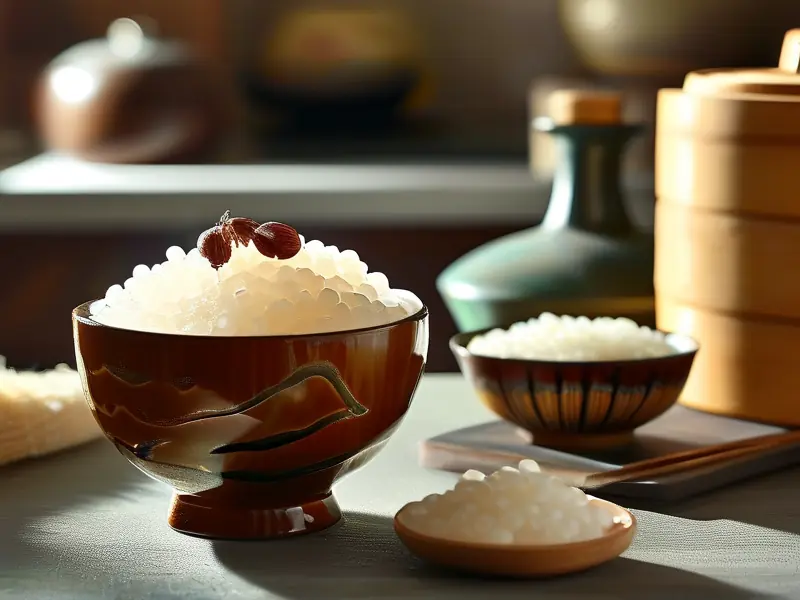 一碗晶莹剔透的糯米甜酒，展示传统制作工艺