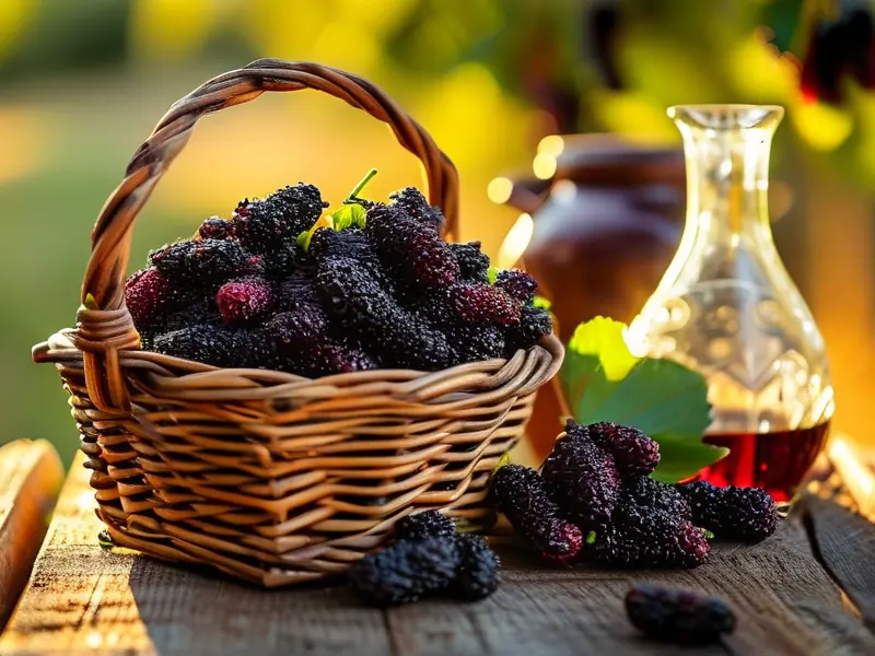 新鲜桑葚和酿酒工具准备制作桑葚酒