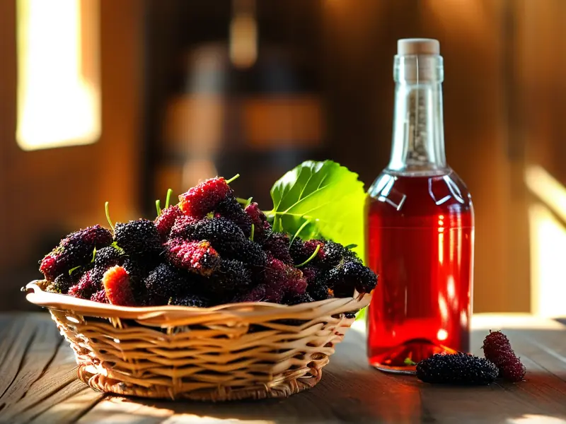 新鲜桑葚与自制桑葚酒展示
