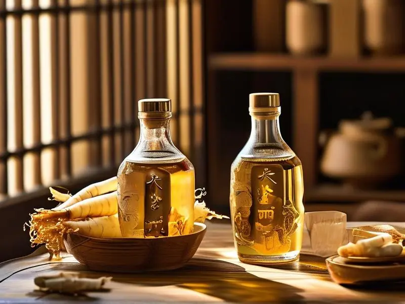 传统三七泡酒制作过程展示:玻璃罐中的三七与白酒