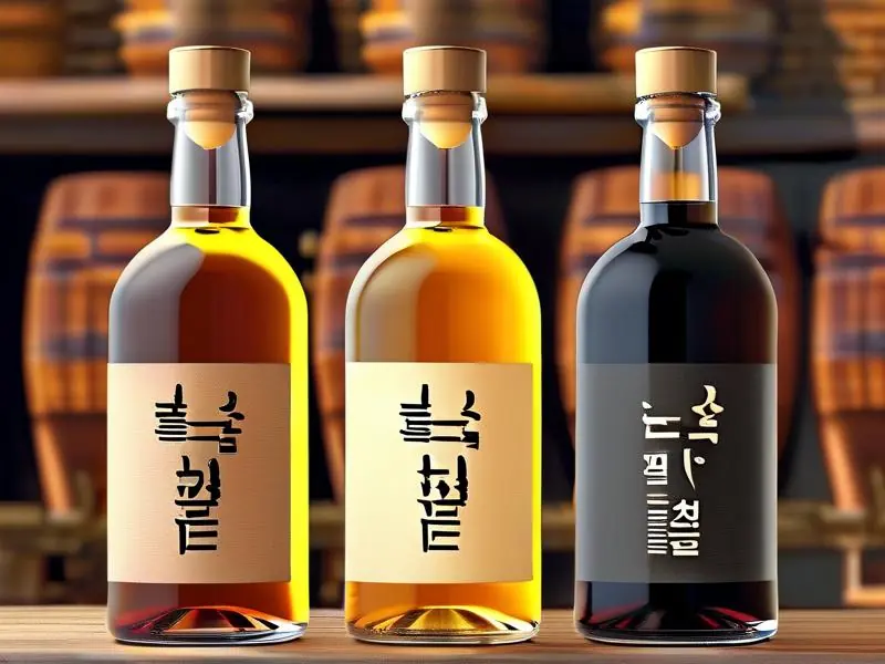 烧酒和蒸馏酒的对比图,展示颜色、透明度和瓶身设计的差异