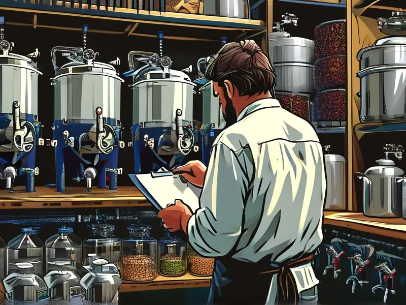 专业酿酒师在车间检查不同品牌的酿酒设备