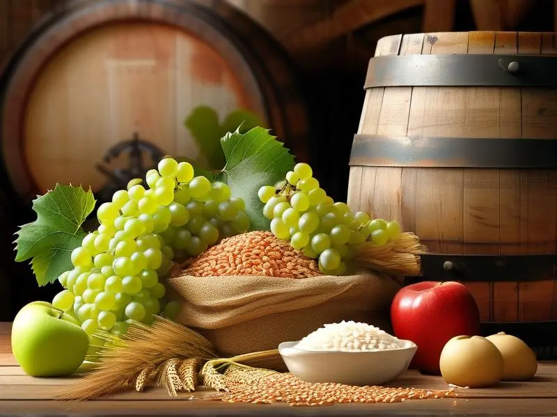 多种酿酒原料展示,包括水果和谷物