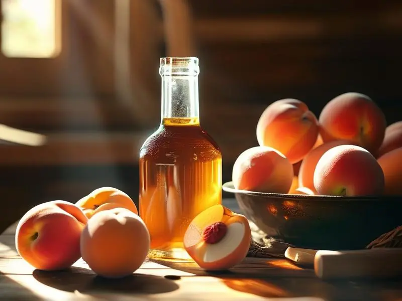 新鲜桃子与酿酒器具制作桃子酒的过程展示