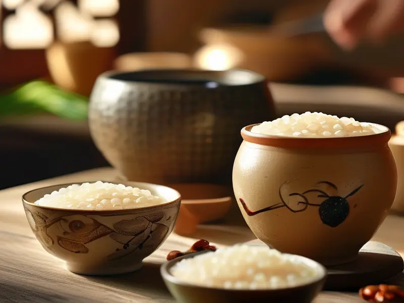 家庭自制甜白酒原料与成品展示图