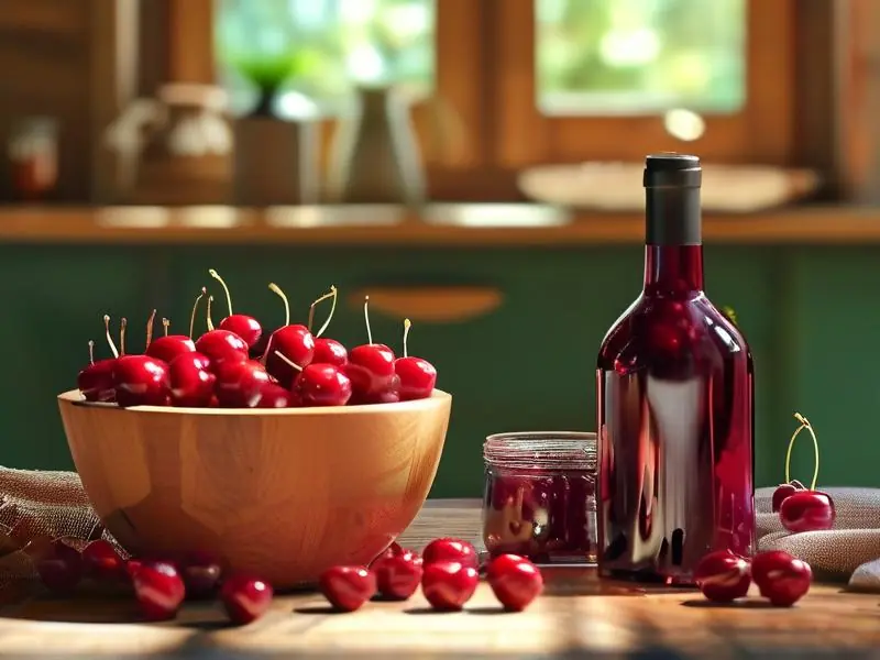 樱桃酿酒过程实拍图：新鲜樱桃与正在发酵的樱桃酒