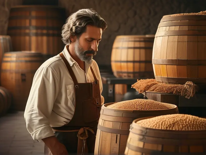 酿酒师检查粮食白酒发酵过程