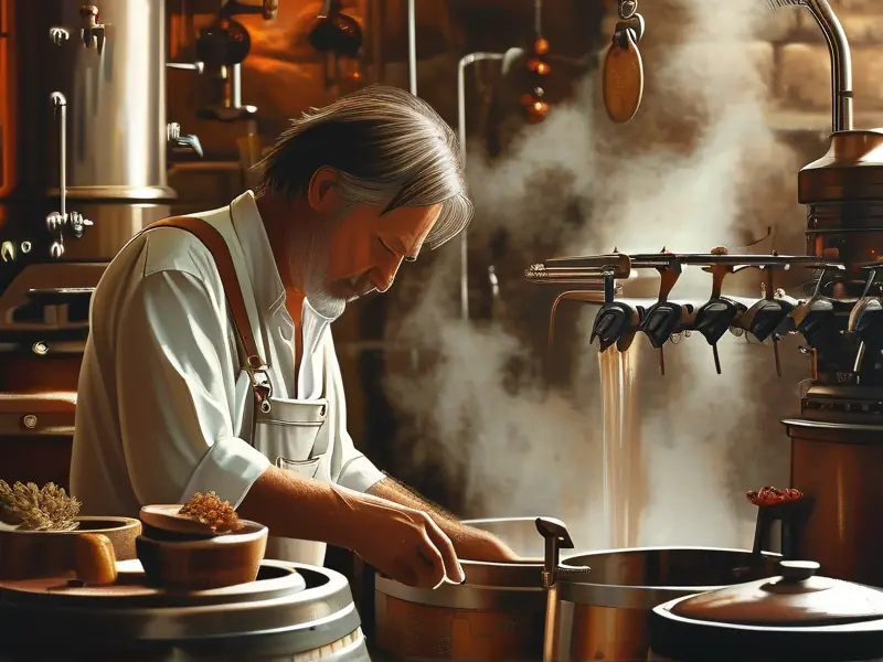 酿酒师操作传统蒸酒设备的实景照片