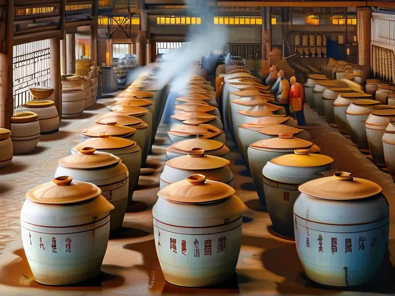 中国传统白酒酿造场景，工人正在准备和发酵谷物