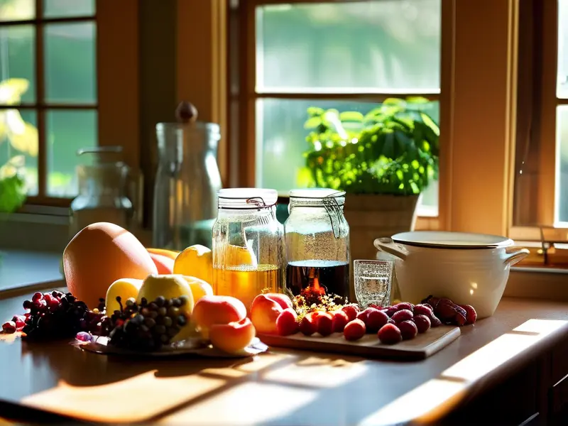 家庭自制果酒的材料和工具摆放