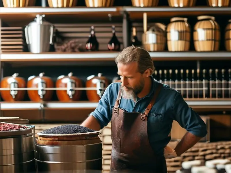 酿酒师检查酒醅发酵情况