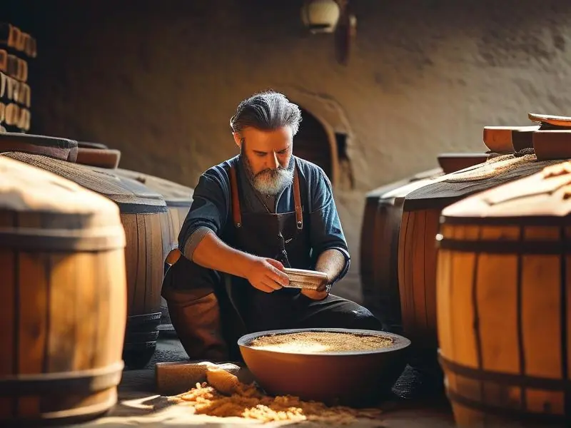 酿酒师检查自酿白酒发酵过程
