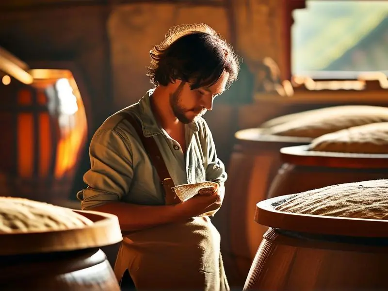 酿酒师检查黄酒发酵过程