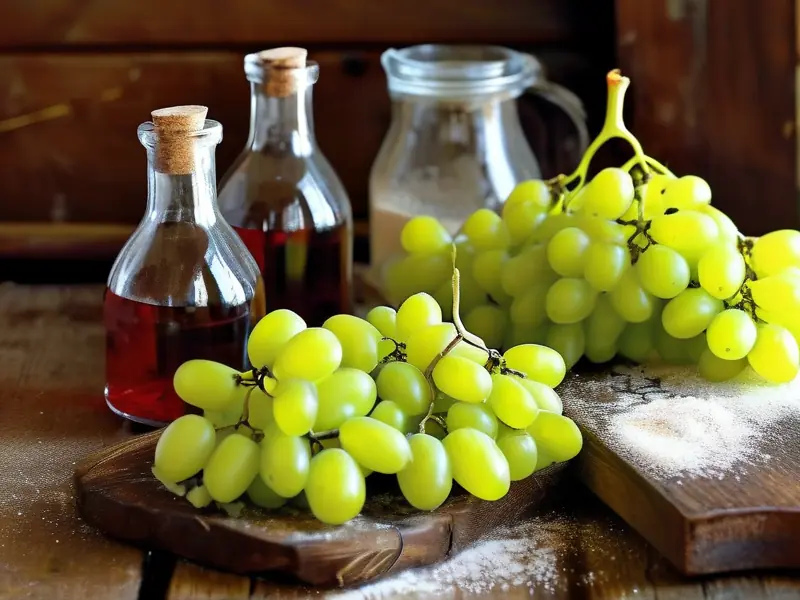 自制葡萄酒材料准备：新鲜葡萄、玻璃罐、糖和酵母