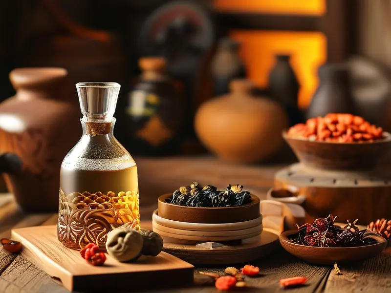 自酿白酒与天然增香材料摆放展示