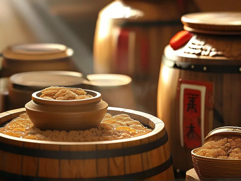 传统米酒发酵过程特写，展示木桶中正在糖化的糯米和活跃的酵母菌