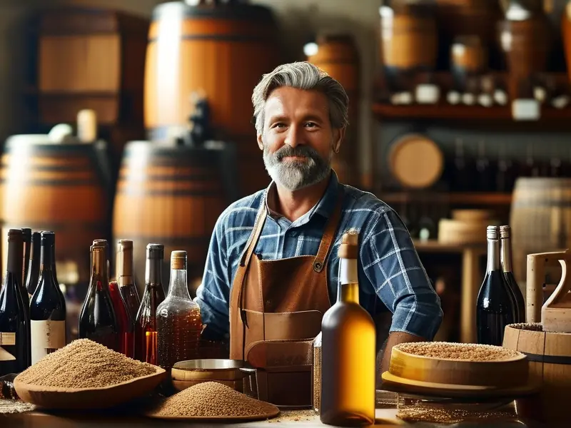 酿酒师在工作室展示酿酒过程