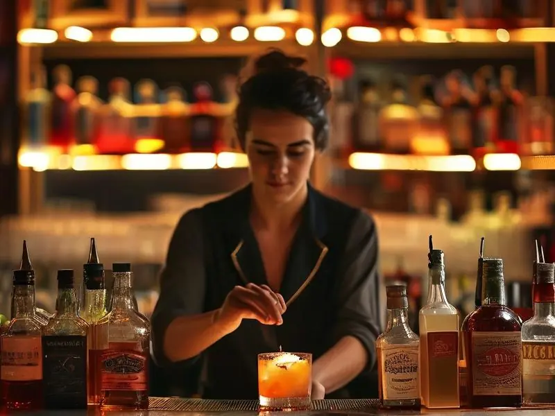 调酒师在吧台调制鸡尾酒