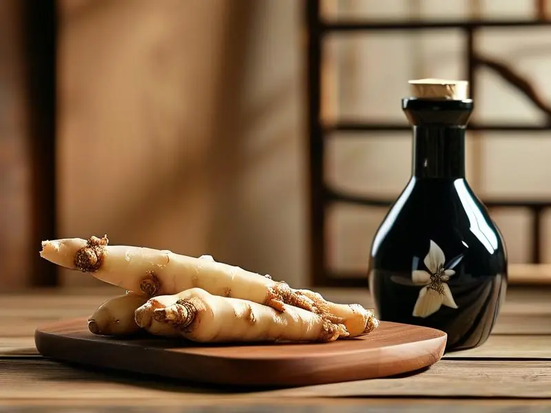 巴戟天根茎与白酒瓶摆放展示药酒原料